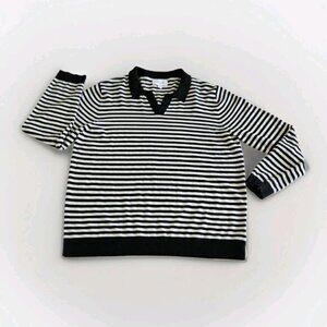 Hudson North Sweater Women XL Black White LS Collar V Neck Stripes Nautical Boho